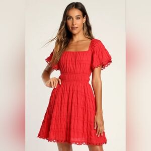 NWOT Lulus Cute in Cancun Red Smocked Short Sleeve Lace-Up Mini Dress